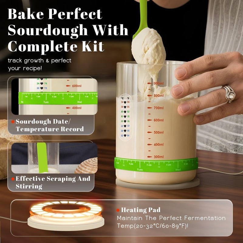 Solisifime Pro Sourdough Starter 10-In-1 Kit – 34 Oz Glass Jar With Lid, Cloth Cover, Date Band, Brush, Temp Strip, Silicone Spatula, Heating Mat – Sourdough Bread Baking Supplies, Glass Container, Green - Image 2
